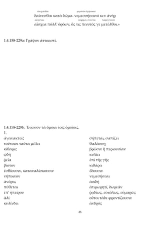 25
εὐωχεῖσθαι μεμπτὸν ἡγήσαιτο
δαίνυσθαι κατὰ δῶμα. νεμεσσήσαιτό κεν ἀνὴρ
αἰσχύνας σώφρων, συνετός παραγένοιτο
αἴσχεα πόλλ' ὁρόων, ὅς τις πινυτός γε μετέλθοι.»
1.4.158-229a: Γράψον ἀττικιστί.
1.4.158-229b: Ἕνωσον τὰ ὅμοια τοῖς ὁμοίοις.
1.
ἀγανακτεῖς σήπεται, σαπίζει
τούτοισι ταῦτα μέλει θαλάσσῃ
κίθαρις βρῶσιν ἢ περιουσίαν
ᾠδή κυλίει
ῥεῖα ἐπὶ τῆς γῆς
βίοτον κιθάρα
ἐσθίουσιν, καταναλίσκουσιν ἔδουσιν
νήποινον νεμεσήσεαι
ἀνέρος ἀοιδή
πύθεται ἀτιμωρητί, δωρεάν
ἐπ' ἠπείρου ῥᾳδίως, εὐκόλως, εὐμαρῶς
ἁλί oὗτοι τάδε φροντίζουσιν
κυλίνδει ἀνδρός
 