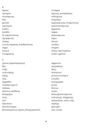 41
6.
ἄρσας ἐντάφια
ἐρέτῃσιν ἐρέταις, κωπηλάταις
πευσόμενος τεθνηῶτος
δὴν κτερεΐξαι
φωνήν καρτερήσειας, ὑπομείνειας
ἐρώτησον καταπονούμενος
κεῖθεν ἁρμόσας
ξανθὸν τάφον
ὃς γὰρ δεύτατος ἀκουσόμενος
τρυχόμενός εἴρεο
τλαίης ὄσσαν
τετελευτηκότος, ἀποθανόντος ἐκεῖθεν
σῆμά πυρρόν
κτέρεα οὗτος γὰρ ἔσχατος
ἐνταφιάσαι πολὺν χρόνον
7.
χῶσαι (προστακτικῶς) ἀφρονεῖν
δός ἀσχαλόωσι
ἐπήν ἀΐεις
τελευτήσῃς ἀπέκτεινε
ἕρξῃς μεταγενεστέρων
σοῖς ἐπειδάν
ἀμφαδόν κατέρχομαι
νηπιάας ὀχέειν χεῦαι
τηλίκος δοῦναι
ἀκούεις, αἰσθάνῃ τεοῖσι
δολόμητιν δόλια βουλευόμενον
ἔκτα τελειώσῃς, πληρώσῃς
ἔσσ' τηλικοῦτος, πάνυ νέος
ὀψιγόνων πράξῃς
κατελεύσομαι φανερόν
δυσανασχέτως ἔχουσι, δυσχεραίνουσι ἔσο, γενοῦ
 