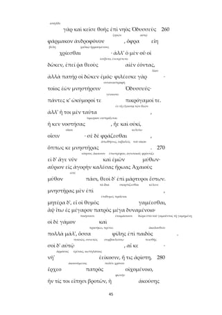 45
ἀπῆλθε
γὰρ καὶ κεῖσε θοῆς ἐπὶ νηὸς Ὀδυσσεὺς 260
ζητῶν αὐτῷ
φάρμακον ἀνδροφόνον , ὄφρα εἴη
βέλη χαλκῷ ἡρμοσμένους
χρίεσθαι · ἀλλ' ὁ μὲν οὔ οἱ
ἐσέβετο, ἐνετρέπετο
δῶκεν, ἐπεί ῥα θεοὺς αἰὲν ἐόντας,
λίαν
ἀλλὰ πατήρ οἱ δῶκεν ἐμός· φιλέεσκε γὰρ ·
συναναστραφῆ
τοῖος ἐὼν μνηστῆρσιν Ὀδυσσεύς·
γένοιντο
πάντες κ' ὠκύμοροί τε πικρόγαμοί τε.
ἐν τῇ ἐξουσίᾳ τῶν θεῶν
ἀλλ' ἦ τοι μὲν ταῦτα ,
τιμωρίαν εἰσπράξεται
ἤ κεν νοστήσας , ἦε καὶ οὐκί,
οἴκοι κελεύω
οἷσιν · σὲ δὲ φράζεσθαι ,
ἀπωθήσεις, ἐκβαλεῖς τοῦ οἴκου
ὅππως κε μνηστῆρας . 270
νόησον, ἄκουσον ἐπιστρέφου, ἀντιποιοῦ, φρόντιζε
εἰ δ' ἄγε νῦν καὶ ἐμῶν μύθων·
αὔριον εἰς ἀγορὴν καλέσας ἥρωας Ἀχαιοὺς
εἰπέ
μῦθον πᾶσι, θεοὶ δ' ἐπὶ μάρτυροι ἔστων.
τὰ ἴδια σκορπίζεσθαι κέλευε
μνηστῆρας μὲν ἐπὶ ,
ἐπιθυμεῖ, προΐεται
μητέρα δ', εἴ οἱ θυμὸς γαμέεσθαι,
ἂψ ἴτω ἐς μέγαρον πατρὸς μέγα δυναμένοιο·
ποιήσουσι ἑτοιμάσουσι δῶρα ὑπὸ τοῦ γαμοῦντος τῇ γαμημένῃ
οἱ δὲ γάμον καὶ
προσήκει, πρέπει ἀκολουθεῖν
πολλὰ μάλ', ὅσσα φίλης ἐπὶ παιδὸς .
πυκνῶς, συνετῶς συμβουλεύσω πεισθῇς
σοὶ δ' αὐτῷ , αἴ κε ·
ἁρμόσας ἐρέταις, κωπηλάταις
νῆ' ἐείκοσιν, ἥ τις ἀρίστη, 280
ἀκουσόμενος πολὺν χρόνον
ἔρχεο πατρὸς οἰχομένοιο,
φωνήν
ἤν τίς τοι εἴπῃσι βροτῶν, ἢ ἀκούσῃς
 