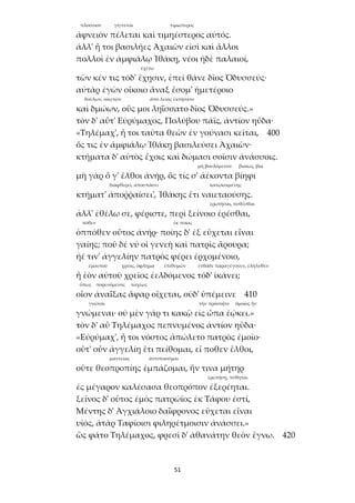 51
πλούσιον γίγνεται τιμιώτερος
ἀφνειὸν πέλεται καὶ τιμηέστερος αὐτός.
ἀλλ' ἦ τοι βασιλῆες Ἀχαιῶν εἰσὶ καὶ ἄλλοι
πολλοὶ ἐν ἀμφιάλῳ Ἰθάκῃ, νέοι ἠδὲ παλαιοί,
ἐχέτω
τῶν κέν τις τόδ' ἔχῃσιν, ἐπεὶ θάνε δῖος Ὀδυσσεύς·
αὐτὰρ ἐγὼν οἴκοιο ἄναξ ἔσομ' ἡμετέροιο
δούλων, οἰκετῶν ἀπὸ λείας ἐκτήσατο
καὶ δμώων, οὕς μοι ληΐσσατο δῖος Ὀδυσσεύς.»
τὸν δ' αὖτ' Εὐρύμαχος, Πολύβου πάϊς, ἀντίον ηὔδα·
«Τηλέμαχ', ἦ τοι ταῦτα θεῶν ἐν γούνασι κεῖται, 400
ὅς τις ἐν ἀμφιάλῳ Ἰθάκῃ βασιλεύσει Ἀχαιῶν·
κτήματα δ' αὐτὸς ἔχοις καὶ δώμασι σοῖσιν ἀνάσσοις.
μὴ βουλόμενον βιαίως, βίᾳ
μὴ γὰρ ὅ γ' ἔλθοι ἀνήρ, ὅς τίς σ' ἀέκοντα βίηφι
διαφθερεῖ, ἀποσπάσει κατῳκοιμένης
κτήματ' ἀποῤῥαίσει', Ἰθάκης ἔτι ναιεταούσης.
ἐρωτῆσαι, πυθέσθαι
ἀλλ' ἐθέλω σε, φέριστε, περὶ ξείνοιο ἐρέσθαι,
πόθεν ἐκ ποίας
ὁππόθεν οὗτος ἀνήρ· ποίης δ' ἐξ εὔχεται εἶναι
γαίης; ποῦ δέ νύ οἱ γενεὴ καὶ πατρὶς ἄρουρα;
ἠέ τιν' ἀγγελίην πατρὸς φέρει ἐρχομένοιο,
ἐμαυτοῦ χρέος, ὄφλημα ἐπιθυμῶν ἐνθάδε παραγέγονεν, ἐλήλυθεν
ἦ ἑὸν αὐτοῦ χρεῖος ἐελδόμενος τόδ' ἱκάνει;
ὅπως πορευόμενος ταχέως
οἷον ἀναΐξας ἄφαρ οἴχεται, οὐδ' ὑπέμεινε 410
γνῶναι τὴν πρόσοψιν ὅμοιος ἦν
γνώμεναι· οὐ μὲν γάρ τι κακῷ εἰς ὦπα ἐῴκει.»
τὸν δ' αὖ Τηλέμαχος πεπνυμένος ἀντίον ηὔδα·
«Εὐρύμαχ', ἦ τοι νόστος ἀπώλετο πατρὸς ἐμοῖο·
οὔτ' οὖν ἀγγελίῃ ἔτι πείθομαι, εἴ ποθεν ἔλθοι,
μαντείας ἀντιποιοῦμαι
οὔτε θεοπροπίης ἐμπάζομαι, ἥν τινα μήτηρ
ἐρωτήσῃ, πύθηται
ἐς μέγαρον καλέσασα θεοπρόπον ἐξερέηται.
ξεῖνος δ' οὗτος ἐμὸς πατρώϊος ἐκ Τάφου ἐστί,
Μέντης δ' Ἀγχιάλοιο δαΐφρονος εὔχεται εἶναι
υἱός, ἀτὰρ Ταφίοισι φιληρέτμοισιν ἀνάσσει.»
ὣς φάτο Τηλέμαχος, φρεσὶ δ' ἀθανάτην θεὸν ἔγνω. 420
 