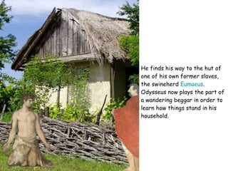 He finds his way to the hut of one of his own former slaves, the swineherd  Eumaeus . Odysseus now plays the part of a wandering beggar in order to learn how things stand in his household.  