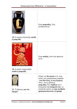 Εισαγωγή στην Οδύσσεια - α΄γυμνασίου
Επιμέλεια : Σερδάκη Ευαγγελία - www.synodoiporos.weebly.com Σελίδα 6
15.Το αγγείο απεικονίζει αοιδό
ή ραψωδό;
Είναι ραψωδός. Πώς
αποδεικνύεται;
16. Η εικόνα παρουσιάζει
αοιδό ή ραψωδό;
Είναι αοιδός. Από πού φαίνεται
αυτό ;
17. Τι ξέρουμε για τον
Όμηρο ;
Έζησε τον 8ο αιώνα π.Χ. στην
Ιωνία, στα μικρασιατικά παράλια
, στη Χίο ίσως, ή στη Σμύρνη.
Ήταν, όπως φαίνεται,
ραψωδός που ταξίδευε για ν’
απαγγείλει τα ποιήματά του ,τα
οποία θα πρέπει να είχε συνθέσει
χρησιμοποιώντας τη γραφή
 