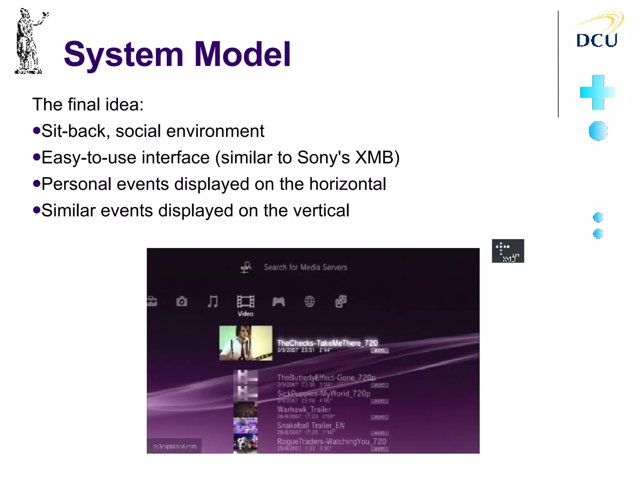 System Model The final idea: Sit-back, social environment Easy-to-use interface (similar to Sony's XMB)‏ Personal events displayed on the horizontal Similar events displayed on the vertical 