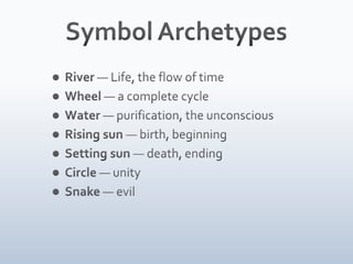 Symbol ArchetypesRiver — Life, the flow of time Wheel — a complete cycle Water — purification, the unconscious Rising sun — birth, beginning Setting sun — death, ending Circle — unity Snake — evil 