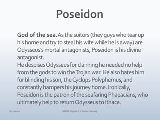 PoseidonGod of the sea.As the suitors (they guys who tear up his home and try to steal his wife while he is away) are Odysseus’s mortal antagonists, Poseidon is his divine antagonist. He despises Odysseus for claiming he needed no help from the gods to win the Trojan war. He also hates him for blinding his son, the Cyclops Polyphemus, and constantly hampers his journey home. Ironically, Poseidon is the patron of the seafaring Phaeacians, who ultimately help to return Odysseus to Ithaca. 4/10/10NMHS English 1, Charles Coursey
