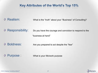 Key Attributes of the World’s Top 15%
Realism: What is the “truth” about your “Business” of Consulting?
Responsibility: Do...