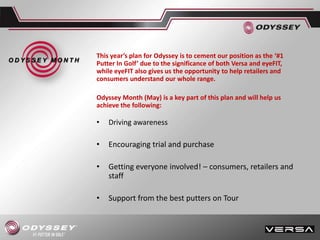 O D Y S S E Y M O N T H
This year’s plan for Odyssey is to cement our position as the ‘#1
Putter In Golf’ due to the significance of both Versa and eyeFIT,
while eyeFIT also gives us the opportunity to help retailers and
consumers understand our whole range.
Odyssey Month (May) is a key part of this plan and will help us
achieve the following:
• Driving awareness
• Encouraging trial and purchase
• Getting everyone involved! – consumers, retailers and
staff
• Support from the best putters on Tour
 