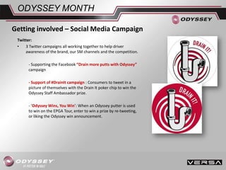 ODYSSEY MONTH
Twitter:
• 3 Twitter campaigns all working together to help driver
awareness of the brand, our SM channels and the competition.
- Supporting the Facebook “Drain more putts with Odyssey”
campaign
- Support of #DrainIt campaign : Consumers to tweet in a
picture of themselves with the Drain It poker chip to win the
Odyssey Staff Ambassador prize.
- ‘Odyssey Wins, You Win’: When an Odyssey putter is used
to win on the EPGA Tour, enter to win a prize by re-tweeting,
or liking the Odyssey win announcement.
Getting involved – Social Media Campaign
 