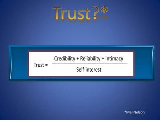 Credibility + Reliability + Intimacy
Trust =
                     Self-interest




                                                 *Mel Nelson
 