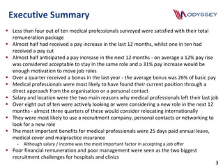 Executive Summary
 Less than four out of ten medical professionals surveyed were satisfied with their total
remuneration package
 Almost half had received a pay increase in the last 12 months, whilst one in ten had
received a pay cut
 Almost half anticipated a pay increase in the next 12 months - on average a 12% pay rise
was considered acceptable to stay in the same role and a 31% pay increase would be
enough motivation to move job roles
 Over a quarter received a bonus in the last year - the average bonus was 26% of basic pay
 Medical professionals were most likely to have found their current position through a
direct approach from the organisation or a personal contact
 Salary and location were the two main reasons why medical professionals left their last job
 Over eight out of ten were actively looking or were considering a new role in the next 12
months - almost three quarters of these would consider relocating internationally
 They were most likely to use a recruitment company, personal contacts or networking to
look for a new role
 The most important benefits for medical professionals were 25 days paid annual leave,
medical cover and malpractice insurance
− Although salary / income was the most important factor in accepting a job offer
 Poor financial remuneration and poor management were seen as the two biggest
recruitment challenges for hospitals and clinics
3
 