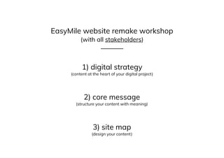 EasyMile website remake workshop
(with all stakeholders)
———
1) digital strategy
(content at the heart of your digital project)
2) core message
(structure your content with meaning)
3) site map
(design your content)
 