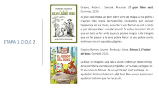 Copons Ramon, Jaume ; Fortuny, Liliana. Bitmax 1. El robot
del bosc. Combel, 2020.
La Mus i el Wagner, una rata i un os, troben un robot enmig
de la carretera. Decideixen emportar-se'l a casa i arreglar-lo.
El seu nom és Bitmax i té una professió molt estranya: és
ajudador! Amb els habitants del Bosc Blau viuran aventures i
ajudaran tothom que ho necessiti.
Graves, Robert ; Sendak, Maurice. El gran llibre verd.
Corimbo, 2020.
El jove Jack troba un gran llibre verd de màgia a les golfes i
n'aprèn tota mena d'encanteris: encanteris per canviar
l'aparença de les coses, encanteris per tornar-se vell i canós
o per desaparèixer completament! Si voleu descobrir tot el
que en Jack va fer amb aquests poders màgics i els tràngols
que va fer passar a la seva pobra tieta i al seu pobre oncle,
endinseu-vos en aquestes pàgines.ETAPA 1 CICLE 2
 