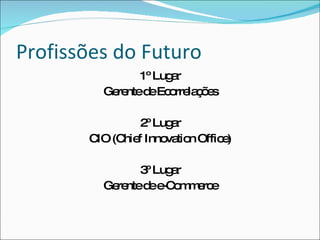 Profissões do Futuro1º LugarGerente de Ecorrelações2º LugarCIO (Chief Innovation Office)3º LugarGerente de e-Commerce