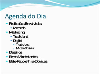 Agenda do DiaProfissões EnvolvidasMercadoMarketingTradicionalDigitalTradicionalMídias SociaisDesafiosErros MirabolantesCase: Loja Virtual LilianiBate-Papo e Tira-Dúvidas