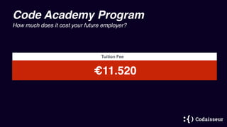 Code Academy Program
How much does it cost your future employer?
€11.520
Tuition Fee
 