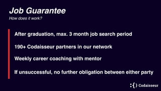 Job Guarantee
After graduation, max. 3 month job search period
If unsuccessful, no further obligation between either party
How does it work?
Weekly career coaching with mentor
190+ Codaisseur partners in our network
 