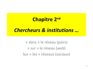 Chapitre 2 nd Chercheurs & institutions … « dans » le réseau (pairs) « sur » le réseau (web) Sur « les » réseaux (sociaux) 