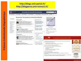 Présence institutionnelle blogosphérique http://blogs.univ-paris5.fr/ http://blogperso.univ-rennes1.fr/   