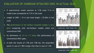 EVALUATION OF HARBOUR ATTACHED OWC IN ACTUAL SEAS
 If experimental model assumed as 1/50 scale T=1s in
model scale corresponds to T=7s in full scale
 Length of OWC = 15 m and total length = 25-30m in full
scale
 The performance of the harbour attached models is very
good comparing with non-harbour models which are
conventional OWC
 Its dominance is 1.5 to 1.7 times the performance of
conventional OWC types.
 In both the results of 1/50 and 1/80 set, the acquirable
power in case of 1/80 is larger than that in case of 1/50.
nozzle ratio: 1/300, Scale: 1/50
nozzle ratio: 1/300, Scale: 1/80
 