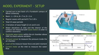  Carried out in test basin of a Funabashi campus of
Nihon University.
 Basin : L = 24 m, B = 7 m, D = 1 m
 Regular waves with period 0.7 to 1.65 s
 Total 15 wave periods
 2 Variation of wave height (2 cm and 4 cm)
 Water elevations at inlet and the interior of the
harbour are measured with wave meters in order to
confirm resonance.
 Pectinate wave meter within the air chamber above
OWC to check volume variation
 Pressure sensor to measure the pressure inside the
air chamber
 Load cell to measure heave force and pitch moment
 Current meter at the inlet to measure the water
flow
MODEL EXPERIMENT - SETUP
 