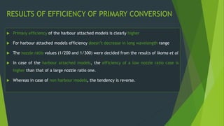  Primary efficiency of the harbour attached models is clearly higher
 For harbour attached models efficiency doesn’t decrease in long wavelength range
 The nozzle ratio values (1/200 and 1/300) were decided from the results of Ikoma et al
 In case of the harbour attached models, the efficiency of a low nozzle ratio case is
higher than that of a large nozzle ratio one.
 Whereas in case of non harbour models, the tendency is reverse.
RESULTS OF EFFICIENCY OF PRIMARY CONVERSION
 