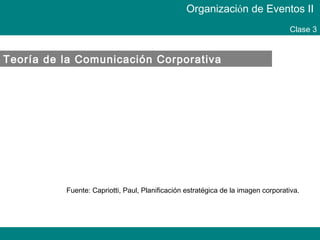 Teoría de la Comunicación Corporativa
Organización de Eventos II
Clase 3
Fuente: Capriotti, Paul, Planificación estratégica de la imagen corporativa.
 