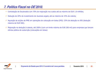 7. Política Fiscal no OEÊ2010.
   Contratação de Doutorados com 70% de majoração nos custos até ao máximo de EUR 1.8 milhões;

   Dedução de 20% do investimento de business angels, até ao máximo de 15% da colecta;

   Aquisição de acções de PME em operações de colocação em bolsa (IPO): 25% de dedução no IRS (dedução
   máxima de EUR 500);

   Majoração na dedução à colecta, até 200% (com um limite máximo de EUR 200 mil) para empresas que lancem
   ofertas pública de subscrição (colocações em bolsa).




                    Orçamento do Estado para 2010: O corolário de 5 anos perdidos.   Fevereiro 2010   . 32 .
 