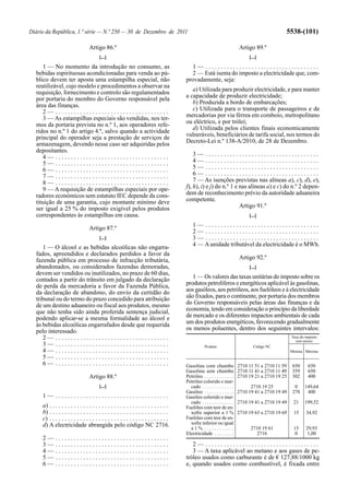 Diário da República, 1.ª série — N.º 250 — 30 de Dezembro de 2011                                                                                5538-(101)

                                  Artigo 86.º                                                                              Artigo 89.º
                                        [...]                                                                                   [...]
     1 — No momento da introdução no consumo, as                                          1— .....................................
  bebidas espirituosas acondicionadas para venda ao pú-                                   2 — Está isenta do imposto a electricidade que, com-
  blico devem ter aposta uma estampilha especial, não                                   provadamente, seja:
  reutilizável, cujo modelo e procedimentos a observar na
                                                                                           a) Utilizada para produzir electricidade, e para manter
  requisição, fornecimento e controlo são regulamentados
                                                                                        a capacidade de produzir electricidade;
  por portaria do membro do Governo responsável pela
                                                                                           b) Produzida a bordo de embarcações;
  área das finanças.
                                                                                           c) Utilizada para o transporte de passageiros e de
     2— .....................................
     3 — As estampilhas especiais são vendidas, nos ter-                                mercadorias por via férrea em comboio, metropolitano
  mos da portaria prevista no n.º 1, aos operadores refe-                               ou eléctrico, e por trólei;
  ridos no n.º 1 do artigo 4.º, salvo quando a actividade                                  d) Utilizada pelos clientes finais economicamente
  principal do operador seja a prestação de serviços de                                 vulneráveis, beneficiários de tarifa social, nos termos do
  armazenagem, devendo nesse caso ser adquiridas pelos                                  Decreto-Lei n.º 138-A/2010, de 28 de Dezembro.
  depositantes.
     4— .....................................                                               3— .....................................
     5— .....................................                                               4— .....................................
     6— .....................................                                               5— .....................................
     7— .....................................                                               6— .....................................
     8— .....................................                                               7 — As isenções previstas nas alíneas a), c), d), e),
     9 — A requisição de estampilhas especiais por ope-                                 f), h), i) e j) do n.º 1 e nas alíneas a) e c) do n.º 2 depen-
  radores económicos sem estatuto IEC depende da cons-                                  dem de reconhecimento prévio da autoridade aduaneira
  tituição de uma garantia, cujo montante mínimo deve                                   competente.
  ser igual a 25 % do imposto exigível pelos produtos                                                              Artigo 91.º
  correspondentes às estampilhas em causa.                                                                                      [...]
                                                                                            1— .....................................
                                  Artigo 87.º
                                                                                            2— .....................................
                                        [...]                                               3— .....................................
     1 — O álcool e as bebidas alcoólicas não engarra-                                      4 — A unidade tributável da electricidade é o MWh.
  fados, apreendidos e declarados perdidos a favor da
  fazenda pública em processo de infracção tributária,                                                                     Artigo 92.º
  abandonados, ou considerados fazendas demoradas,                                                                              [...]
  devem ser vendidos ou inutilizados, no prazo de 60 dias,
  contados a partir do trânsito em julgado da declaração                                   1 — Os valores das taxas unitárias do imposto sobre os
  de perda da mercadoria a favor da Fazenda Pública,                                    produtos petrolíferos e energéticos aplicável às gasolinas,
  da declaração de abandono, do envio da certidão do                                    aos gasóleos, aos petróleos, aos fuelóleos e à electricidade
  tribunal ou do termo do prazo concedido para atribuição                               são fixados, para o continente, por portaria dos membros
  de um destino aduaneiro ou fiscal aos produtos, mesmo                                 do Governo responsáveis pelas áreas das finanças e da
  que não tenha sido ainda proferida sentença judicial,                                 economia, tendo em consideração o princípio da liberdade
  podendo aplicar-se a mesma formalidade ao álcool e                                    de mercado e os diferentes impactos ambientais de cada
  às bebidas alcoólicas engarrafados desde que requerida                                um dos produtos energéticos, favorecendo gradualmente
  pelo interessado.                                                                     os menos poluentes, dentro dos seguintes intervalos:
     2— .....................................                                                                                                        Taxa do imposto
                                                                                                                                                       (em euros)
     3— .....................................                                                       Produto                       Código NC
     4— .....................................                                                                                                        Mínima Máxima
     5— .....................................
     6— .....................................                                           Gasolina com chumbo                2710 11 51 a 2710 11 59    650     650
                                                                                        Gasolina sem chumbo                2710 11 41 a 2710 11 49    359     650
                                  Artigo 88.º                                           Petróleo . . . . . . . . . . . .   2710 19 21 a 2710 19 25    302     400
                                                                                        Petróleo colorido e mar-
                                        [...]                                             cado . . . . . . . . . . . . .         2710 19 25            0 149,64
                                                                                        Gasóleo . . . . . . . . . . . .    2710 19 41 a 2710 19 49    278 400
     1— .....................................                                           Gasóleo colorido e mar-
                                                                                          cado . . . . . . . . . . . . .   2710 19 41 a 2710 19 49    21    199,52
     a) . . . . . . . . . . . . . . . . . . . . . . . . . . . . . . . . . . . . . . .   Fuelóleo com teor de en-
     b) . . . . . . . . . . . . . . . . . . . . . . . . . . . . . . . . . . . . . . .     xofre superior a 1 %             2710 19 63 a 2710 19 69    15     34,92
     c) . . . . . . . . . . . . . . . . . . . . . . . . . . . . . . . . . . . . . . .   Fuelóleo com teor de en-
     d) A electricidade abrangida pelo código NC 2716.                                    xofre inferior ou igual
                                                                                          a1% ............                       2710 19 61           15     29,93
                                                                                        Electricidade . . . . . . . .               2716               0      1,00
     2—      .....................................
     3—      .....................................                                         2— .....................................
     4—      .....................................                                         3 — A taxa aplicável ao metano e aos gases de pe-
     5—      .....................................                                      tróleo usados como carburante é de € 127,88/1000 kg
     6—      .....................................                                      e, quando usados como combustível, é fixada entre
 