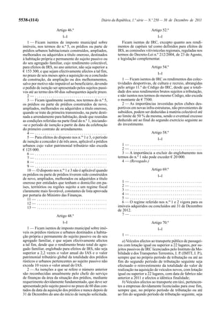 5538-(114)                                                                 Diário da República, 1.ª série — N.º 250 — 30 de Dezembro de 2011

                                 Artigo 46.º                                                                Artigo 52.º
                                       [...]                                                                    [...]
     1 — Ficam isentos de imposto municipal sobre                                       Ficam isentas de IRC, excepto quanto aos rendi-
  imóveis, nos termos do n.º 5, os prédios ou parte de                               mentos de capitais tal como definidos para efeitos de
  prédios urbanos habitacionais construídos, ampliados,                              IRS, as comissões vitivinícolas regionais, reguladas nos
  melhorados ou adquiridos a título oneroso, destinados                              termos do Decreto-Lei n.º 212/2004, de 23 de Agosto,
  à habitação própria e permanente do sujeito passivo ou                             e legislação complementar.
  do seu agregado familiar, cujo rendimento colectável,
  para efeitos de IRS, no ano anterior, não seja superior a                                                 Artigo 54.º
  € 153 300, e que sejam efectivamente afectos a tal fim,                                                       [...]
  no prazo de seis meses após a aquisição ou a conclusão
  da construção, da ampliação ou dos melhoramentos,                                     1 — Ficam isentos de IRC os rendimentos das colec-
  salvo por motivo não imputável ao beneficiário, devendo                            tividades desportivas, de cultura e recreio, abrangidas
  o pedido de isenção ser apresentado pelos sujeitos passi-                          pelo artigo 11.º do Código do IRC, desde que a totali-
  vos até ao termo dos 60 dias subsequentes àquele prazo.                            dade dos seus rendimentos brutos sujeitos a tributação,
     2— .....................................                                        e não isentos nos termos do mesmo Código, não exceda
     3 — Ficam igualmente isentos, nos termos do n.º 5,                              o montante de € 7500.
  os prédios ou parte de prédios construídos de novo,                                   2 — As importâncias investidas pelos clubes des-
  ampliados, melhorados ou adquiridos a título oneroso,                              portivos em novas infra-estruturas, não provenientes de
  quando se trate da primeira transmissão, na parte desti-                           subsídios, podem ser deduzidas à matéria colectável até
  nada a arrendamento para habitação, desde que reunidas                             ao limite de 50 % da mesma, sendo o eventual excesso
  as condições referidas na parte final do n.º 1, iniciando-                         deduzido até ao final do segundo exercício seguinte ao
  -se o período de isenção a partir da data da celebração                            do investimento.
  do primeiro contrato de arrendamento.
     4— .....................................                                                               Artigo 58.º
     5 — Para efeitos do disposto nos n.os 1 e 3, o período                                                     [...]
  de isenção a conceder é de três anos, aplicável a prédios
  urbanos cujo valor patrimonial tributário não exceda                                  1— .....................................
  € 125 000.                                                                            2— .....................................
     6— .....................................                                           3 — A importância a excluir do englobamento nos
     7— .....................................                                        termos do n.º 1 não pode exceder € 20 000.
     8— .....................................                                           4 — (Revogado.)
     9— .....................................
     10 — O disposto nos n.os 1 e 3 não é aplicável quando                                                  Artigo 69.º
  os prédios ou parte de prédios tiverem sido construídos                                                       [...]
  de novo, ampliados, melhorados ou adquiridos a título
  oneroso por entidades que tenham o domicílio em pa-                                   1— .....................................
  íses, territórios ou regiões sujeito a um regime fiscal                               2— .....................................
  claramente mais favorável, constantes de lista aprovada                               3— .....................................
  por portaria do Ministro das Finanças.                                                4— .....................................
     11 — . . . . . . . . . . . . . . . . . . . . . . . . . . . . . . . . . . . .       5— .....................................
     12 — . . . . . . . . . . . . . . . . . . . . . . . . . . . . . . . . . . . .       6 — O regime referido nos n.os 1 e 2 vigora para os
     13 — . . . . . . . . . . . . . . . . . . . . . . . . . . . . . . . . . . . .    imóveis adquiridos ou concluídos até 31 de Dezembro
                                                                                     de 2012.
                                 Artigo 48.º                                            7— .....................................
                                       [...]                                                                Artigo 70.º
     1 — Ficam isentos de imposto municipal sobre imó-                                                          [...]
  veis os prédios rústicos e urbanos destinados a habita-
  ção própria e permanente do sujeito passivo ou do seu                                 1— .....................................
  agregado familiar, e que sejam efectivamente afectos                                  a) Veículos afectos ao transporte público de passagei-
  a tal fim, desde que o rendimento bruto total do agre-                             ros com lotação igual ou superior a 22 lugares, por su-
  gado familiar, englobado para efeitos de IRS, não seja                             jeitos passivos de IRC licenciados pelo Instituto da Mo-
  superior a 2,2 vezes o valor anual do IAS e o valor                                bilidade e dos Transportes Terrestres, I. P. (IMTT, I. P.),
  patrimonial tributário global da totalidade dos prédios                            sempre que no próprio período de tributação ou até ao
  rústicos e urbanos pertencentes ao sujeito passivo não                             fim do segundo período de tributação seguinte seja
  exceda 10 vezes o valor anual do IAS.                                              efectuado o reinvestimento da totalidade do valor de
     2 — As isenções a que se refere o número anterior                               realização na aquisição de veículos novos, com lotação
  são reconhecidas anualmente pelo chefe do serviço                                  igual ou superior a 22 lugares, com data de fabrico não
  de finanças da área da situação dos prédios, mediante                              anterior a 2011 e afectos a idêntica finalidade;
  requerimento devidamente fundamentado, que deve ser                                   b) Veículos afectos ao transporte em táxi, pertencen-
  apresentado pelo sujeito passivo no prazo de 60 dias con-                          tes a empresas devidamente licenciadas para esse fim,
  tados da data da aquisição dos prédios e nunca depois de                           sempre que, no próprio período de tributação ou até
  31 de Dezembro do ano do início de isenção solicitada.                             ao fim do segundo período de tributação seguinte, seja
 