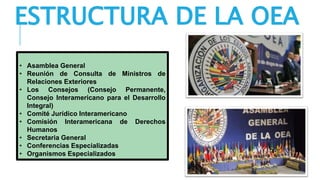 • Asamblea General
• Reunión de Consulta de Ministros de
Relaciones Exteriores
• Los Consejos (Consejo Permanente,
Consejo Interamericano para el Desarrollo
Integral)
• Comité Jurídico Interamericano
• Comisión Interamericana de Derechos
Humanos
• Secretaria General
• Conferencias Especializadas
• Organismos Especializados
ESTRUCTURA DE LA OEA
 