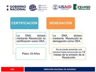 DIRECCION NACIONAL DE ADUANAS
OEA
CERTIFICACIÓN
La DNA, dictará
mediante Resolución la
certificación como OEA.
Plazo: 03 Años
DENEGACIÓN
La DNA, dictara
mediante Resolución la
denegación como OEA.
No se puede presentar una
solicitud hasta transcurrido los 12
meses de la emisión de la
Resolución.
 