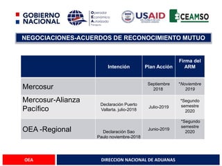 DIRECCION NACIONAL DE ADUANAS
OEA
Intención Plan Acción
Firma del
ARM
Mercosur
Septiembre
2018
*Noviembre
2019
Mercosur-Alianza
Pacífico
Declaración Puerto
Vallarta. julio-2018
Julio-2019
*Segundo
semestre
2020
OEA -Regional Declaración Sao
Paulo noviembre-2018
Junio-2019
*Segundo
semestre
2020
NEGOCIACIONES-ACUERDOS DE RECONOCIMIENTO MUTUO
 