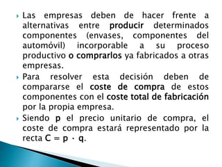  Las empresas deben de hacer frente a
alternativas entre producir determinados
componentes (envases, componentes del
automóvil) incorporable a su proceso
productivo o comprarlos ya fabricados a otras
empresas.
 Para resolver esta decisión deben de
compararse el coste de compra de estos
componentes con el coste total de fabricación
por la propia empresa.
 Siendo p el precio unitario de compra, el
coste de compra estará representado por la
recta C = p · q.
 