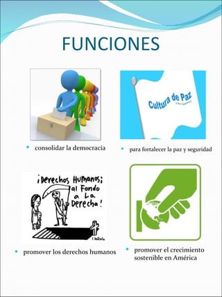 FUNCIONES  promover los derechos humanos para fortalecer la paz y seguridad consolidar la democracia promover el crecimiento sostenible en América 