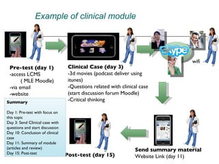 Pre-test (day 1) -access LCMS ( MLE Moodle) -via email  -website Clinical Case (day 3) -3d movies (podcast deliver using itunes) -Questions related with clinical case (start discussion forum Moodle) -Critical thinking Send summary material Website Link (day 11) Post-test (day 15) Summary Day 1: Pre-test with focus on this topic  Day 3: Send Clinical case with questions and start discussion Day 10: Conclusion of clinical case Day 11: Summary of module (articles and review)  Day 15: Post-test Example of clinical module wifi 