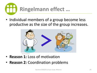 Ringelmann effect …
• Individual members of a group become less
  productive as the size of the group increases.




     ...