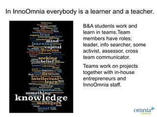 In InnoOmnia everybody is a learner and a teacher.

                          B&A students work and
                          learn in teams.Team
                          members have roles;
                          leader, info searcher, some
                          activist, assessor, cross
                          team communicator.
                          Teams work on projects
                          together with in-house
                          entrepreneurs and
                          InnoOmnia staff.

   ClipArt
 ClipArt
 