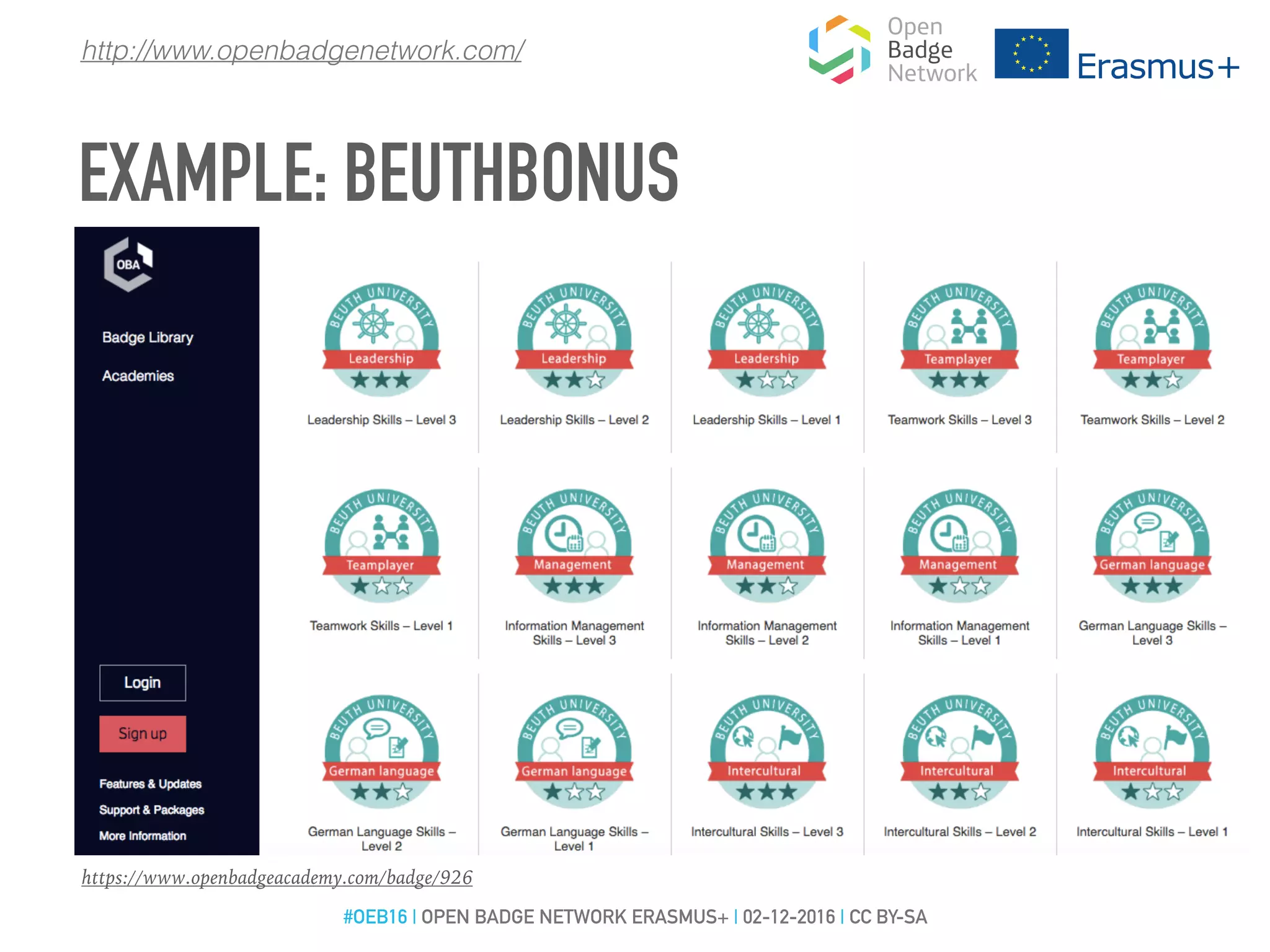 https://www.openbadgeacademy.com/badge/926
To earn this badge
you have to
write a self-report
EXAMPLE: BEUTHBONUS
http://www.openbadgenetwork.com/
#OEB16 | OPEN BADGE NETWORK ERASMUS+ | 02-12-2016 | CC BY-SA
 