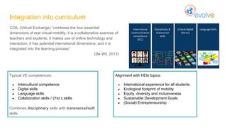 Integration into curriculum
COIL (Virtual Exchange) “combines the four essential
dimensions of real virtual mobility; it is a collaborative exercise of
teachers and students; it makes use of online technology and
interaction; it has potential international dimensions; and it is
integrated into the learning process”
(De Wit, 2013)
Typical VE competences:
● Intercultural competence
● Digital skills
● Language skills
● Collaboration skills / 21st c.skills
Combines disciplinary skills with transversal/soft
skills
Alignment with HEIs topics:
● International experience for all students
● Ecological footprint of mobility
● Equity, diversity and inclusiveness
● Sustainable Development Goals
● (Social) Entrepreneurship
 