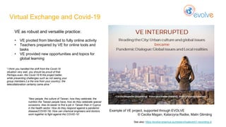 Virtual Exchange and Covid-19
Example of VE project, supported through EVOLVE
© Cecilia Magan, Katarzyna Radke, Malin Glimäng
See also: https://evolve-erasmus.eu/news/virtualevent1-recording-2/
VE as robust and versatile practice:
• VE pivoted from blended to fully online activity
• Teachers prepared by VE for online tools and
tasks
• VE provided new opportunities and topics for
global learning
“New people, the culture of Taiwan, how they celebrate, the
nutrition the Taiwan people have, how do they celebrate special
occasions. Also its easier to find a job in Taiwan than in Cyprus
in the health sector. Ηοw do they respond against a pandemic
disease(COVID-19). How can chemical engineers and doctors
work together to fight against the COVID-19”.
“I think you handled the shift from the Covid-19
situation very well, you should be proud of that.
Perhaps even, the Covid-19 fit the project better,
while presenting challenges such as not seeing your
group members (i.e the one from your country), the
telecollaboration certainly came alive.”
 