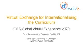 Virtual Exchange for Internationalising
the Curriculum
OEB Global Virtual Experience 2020
Panel Presentation, 3 December 3-4 PM CET
Sake Jager, University of Groningen
EVOLVE Project Coordinator
 