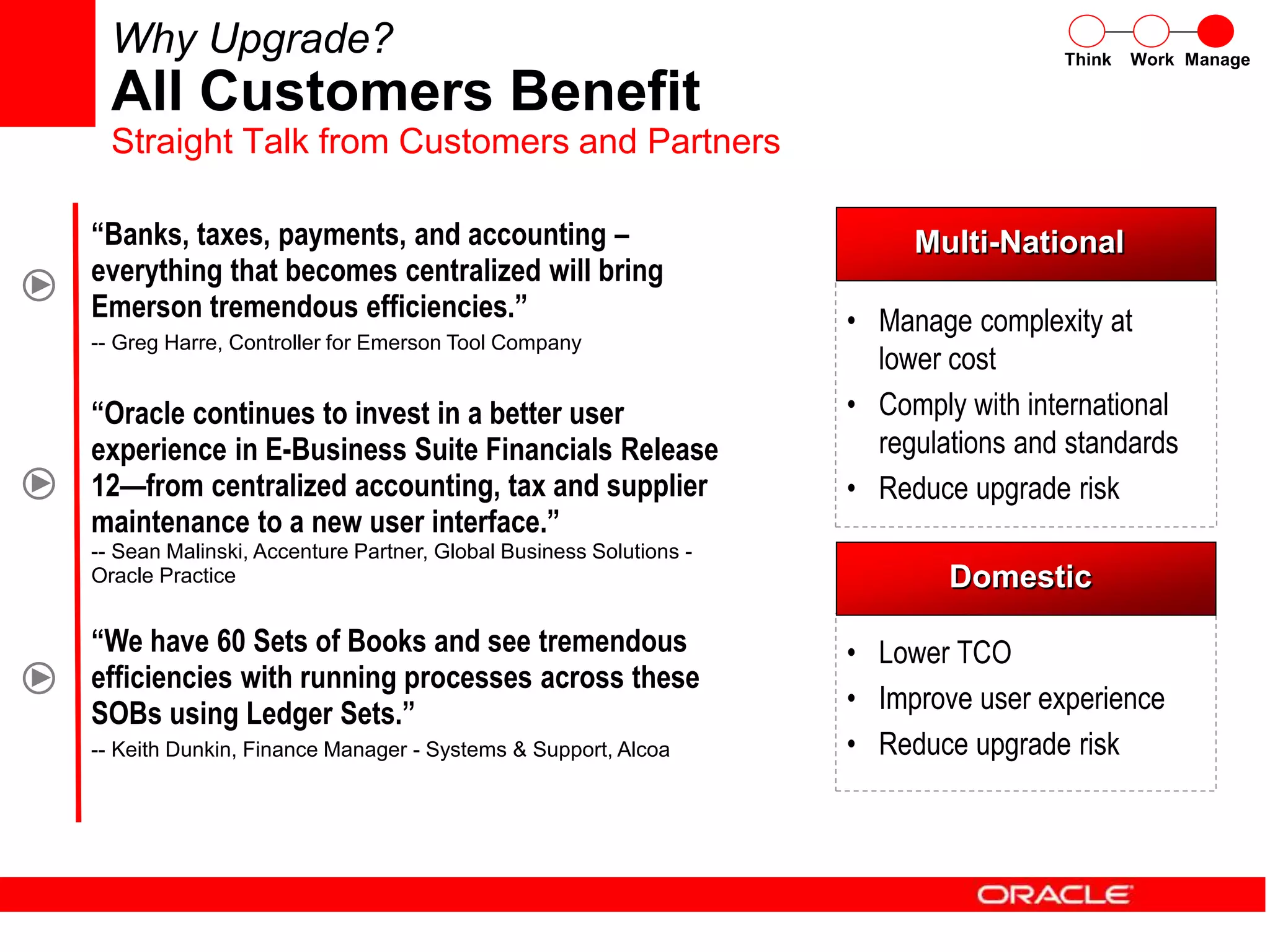 Why Upgrade?
All Customers Benefit
Straight Talk from Customers and Partners
“Banks, taxes, payments, and accounting –
everything that becomes centralized will bring
Emerson tremendous efficiencies.”
-- Greg Harre, Controller for Emerson Tool Company
“Oracle continues to invest in a better user
experience in E-Business Suite Financials Release
12—from centralized accounting, tax and supplier
maintenance to a new user interface.”
-- Sean Malinski, Accenture Partner, Global Business Solutions -
Oracle Practice
“We have 60 Sets of Books and see tremendous
efficiencies with running processes across these
SOBs using Ledger Sets.”
-- Keith Dunkin, Finance Manager - Systems & Support, Alcoa
• Manage complexity at
lower cost
• Comply with international
regulations and standards
• Reduce upgrade risk
Multi-National
• Lower TCO
• Improve user experience
• Reduce upgrade risk
Domestic
Think Work Manage
 