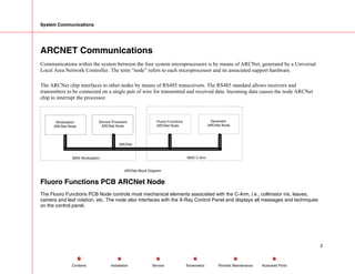 System Communications
ARCNET Communications
Communications within the system between the four system microprocessors is by means of ARCNet, generated by a Universal
Local Area Network Controller. The term “node” refers to each microprocessor and its associated support hardware.
The ARCNet chip interfaces to other nodes by means of RS485 transceivers. The RS485 standard allows receivers and
transmitters to be connected on a single pair of wire for transmitted and received data. Incoming data causes the node ARCNet
chip to interrupt the processor.
Fluoro Functions PCB ARCNet Node
The Fluoro Functions PCB Node controls most mechanical elements associated with the C-Arm, i.e., collimator iris, leaves,
camera and leaf rotation, etc. The node also interfaces with the X-Ray Control Panel and displays all messages and techniques
on the control panel.
2
Service Periodic Maintenance
Contents Schematics Illustrated Parts
Installation
 