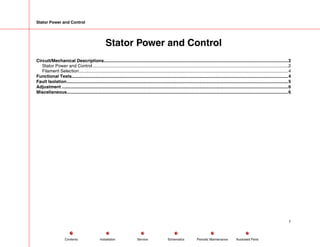 Stator Power and Control
Stator Power and Control
Circuit/Mechanical Descriptions.....................................................................................................................................................2
Stator Power and Control..............................................................................................................................................................2
Filament Selection.........................................................................................................................................................................4
Functional Tests...............................................................................................................................................................................4
Fault Isolation...................................................................................................................................................................................5
Adjustment .......................................................................................................................................................................................6
Miscellaneous...................................................................................................................................................................................6
1
Service Periodic Maintenance
Contents Schematics Illustrated Parts
Installation
 