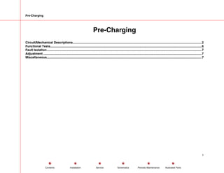 Pre-Charging
Pre-Charging
Circuit/Mechanical Descriptions.....................................................................................................................................................2
Functional Tests...............................................................................................................................................................................6
Fault Isolation...................................................................................................................................................................................7
Adjustment .......................................................................................................................................................................................7
Miscellaneous...................................................................................................................................................................................7
1
Service Periodic Maintenance
Contents Schematics Illustrated Parts
Installation
 