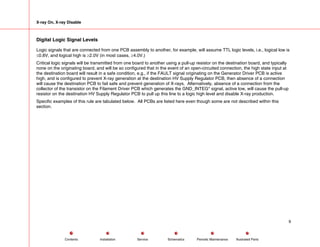 X-ray On, X-ray Disable
Digital Logic Signal Levels
Logic signals that are connected from one PCB assembly to another, for example, will assume TTL logic levels, i.e., logical low is
≤0.8V, and logical high is ≥2.0V (in most cases, ≥4.0V.)
Critical logic signals will be transmitted from one board to another using a pull-up resistor on the destination board, and typically
none on the originating board, and will be so configured that in the event of an open-circuited connection, the high state input at
the destination board will result in a safe condition, e.g., if the FAULT signal originating on the Generator Driver PCB is active
high, and is configured to prevent X-ray generation at the destination HV Supply Regulator PCB, then absence of a connection
will cause the destination PCB to fail safe and prevent generation of X-rays. Alternatively, absence of a connection from the
collector of the transistor on the Filament Driver PCB which generates the GND_INTEG* signal, active low, will cause the pull-up
resistor on the destination HV Supply Regulator PCB to pull up this line to a logic high level and disable X-ray production.
Specific examples of this rule are tabulated below. All PCBs are listed here even though some are not described within this
section.
9
Service Periodic Maintenance
Contents Schematics Illustrated Parts
Installation
 