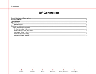 kV Generation
kV Generation
Circuit/Mechanical Descriptions.....................................................................................................................................................2
Functional Tests...............................................................................................................................................................................6
Fault Isolation...................................................................................................................................................................................6
Adjustments .....................................................................................................................................................................................8
kVp Accuracy............................................................................................................................................................................8
Miscellaneous...................................................................................................................................................................................9
Signal Names and Functions ......................................................................................................................................................13
X-Ray Controller PCB.............................................................................................................................................................13
High Voltage Supply Regulator...............................................................................................................................................13
Generator Driver PCB.............................................................................................................................................................14
IGBT/Snubber Assembly ........................................................................................................................................................15
Capacitor/Power Module ........................................................................................................................................................15
1
Service Periodic Maintenance
Contents Schematics Illustrated Parts
Installation
 
