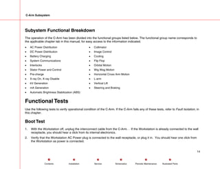 C-Arm Subsystem
Subystem Functional Breakdown
The operation of the C-Arm has been divided into the functional groups listed below. The functional group name corresponds to
the applicable chapter tab in this manual, for easy access to the information indicated.
• AC Power Distribution • Collimator
• DC Power Distribution • Image Control
• Battery Charging • Cooling
• System Communications • Flip Flop
• Interlocks • Orbital Motion
• Stator Power and Control • Wig Wag Motion
• Pre-charge • Horizontal Cross Arm Motion
• X-ray On, X-ray Disable • L-arm
• kV Generation • Vertical Lift
• mA Generation • Steering and Braking
• Automatic Brightness Stabilization (ABS)
Functional Tests
Use the following tests to verify operational condition of the C-Arm. If the C-Arm fails any of these tests, refer to Fault Isolation, in
this chapter.
Boot Test
1. With the Workstation off, unplug the interconnect cable from the C-Arm. . If the Workstation is already connected to the wall
receptacle, you should hear a click from its internal electronics.
2. Verify that the Workstation AC Power plug is connected to the wall receptacle, or plug it in. You should hear one click from
the Workstation as power is connected.
14
Service Periodic Maintenance
Contents Schematics Illustrated Parts
Installation
 