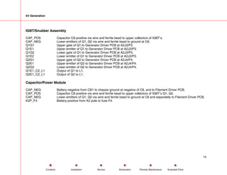 kV Generation
IGBT/Snubber Assembly
CAP_POS Capacitor C8 positive via wire and ferrite bead to upper collectors of IGBT’s.
CAP_NEG Lower emitters of Q1, Q2 via wire and ferrite bead to ground at C8.
Q1G1 Upper gate of Q1 to Generator Driver PCB at A2J3/P3.
Q1E1 Upper emitter of Q1 to Generator Driver PCB at A2J3/P3.
Q1G2 Lower gate of Q1 to Generator Driver PCB at A2J3/P3.
Q1E2 Lower emitter of Q1 to Generator Driver PCB at A2J3/P3.
Q2G1 Upper gate of Q2 to Generator Driver PCB at A2J4/P4.
Q2E1 Upper emitter of Q2 to Generator Driver PCB at A2J4/P4.
Q2G2 Lower emitter of Q2 to Generator Driver PCB at A2J4/P4.
Q1E1_C2_L1 Output of Q1 to L1.
Q2E1_C2_L1 Output of Q2 to L1.
Capacitor/Power Module
CAP_NEG Battery negative from CB1 to chassis ground at negative of C8, and to Filament Driver PCB.
CAP_POS Capacitor C8 positive via wire and ferrite bead to upper collectors of IGBT’s Q1, Q2.
CAP_NEG Lower emitters of Q1, Q2 via wire and ferrite bead to ground at C8 and separately to Filament Driver PCB.
K2P_F4 Battery positive from K2 pole to fuse F4.
15
Service Periodic Maintenance
Contents Schematics Illustrated Parts
Installation
 