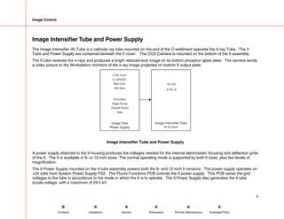 Image Control
Image Intensifier Tube and Power Supply
The Image Intensifier (II) Tube is a cathode ray tube mounted on the end of the C-weldment opposite the X-ray Tube. The II
Tube and Power Supply are contained beneath the II cover. The CCD Camera is mounted on the bottom of the II assembly.
The II tube receives the x-rays and produces a bright reduced-size image on its bottom phosphor glass plate. The camera sends
a video picture to the Workstation monitors of the x-ray image projected on bottom II output plate.
G1-G4
E-PC-A
Image Intensifier Tube
9-12 inch
II DC Com
II +24VDC
Med Size
Sm Size
Image Tube
Power Supply
Encoders
Edge Focus
Overall Focus
Size
Image Intensifier Tube and Power Supply
A power supply attached to the II housing produces the voltages needed for the internal electrostatic focusing and deflection grids
of the II. The II is available in 9- or 12-inch sizes. The normal operating mode is supported by both II sizes, plus two levels of
magnification.
The II Power Supply mounted on the II tube assembly powers both the 9- and 12-inch II versions. The power supply operates on
+24 volts from System Power Supply PS2. The Fluoro Functions PCB controls the II power supply. This PCB varies the grid
voltages to the tube in accordance to the mode in which the II is to operate. The II Power Supply also generates the II tube
anode voltage, with a maximum of 29.5 kV.
4
Service Periodic Maintenance
Contents Schematics Illustrated Parts
Installation
 